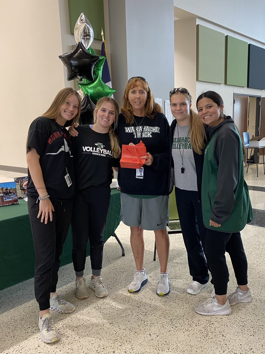 waxahachievb's tweet photo. The VB  and Track teams celebrating one of the very best Coaches of all time! Thank you, Coach Scott, for everything you have done for the students at WHS! We are going to miss you! Happy Retirement! 💚 https://t.co/hDzq6WFzET