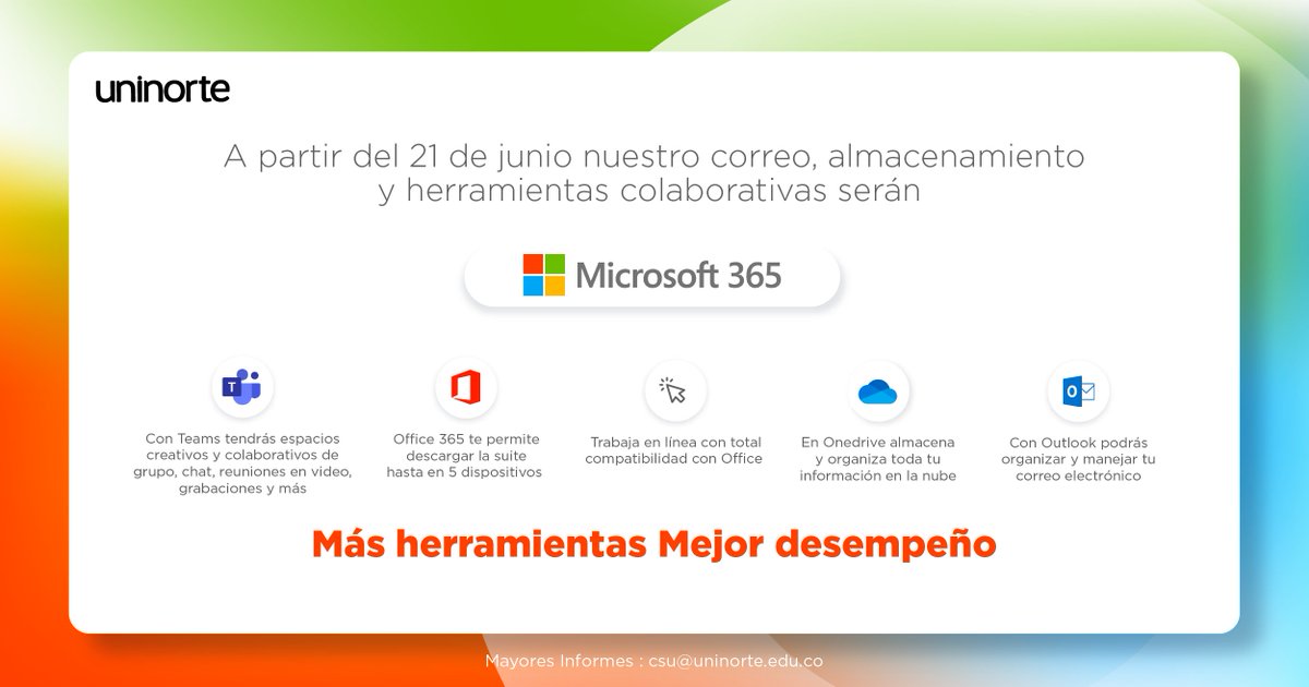 UninorteCO's tweet photo. #UninorteNoticia 🧵 | Microsoft 365: nos preparamos para una nueva suite ofimática. 💻

A partir del 21 de junio, la comunidad universitaria dispondrá de la herramienta digital @Microsoft, en reemplazo de Google Workspace. 

Sigue el hilo para conocer las ventajas de la suit. 👇 https://t.co/teMXxcRO5x