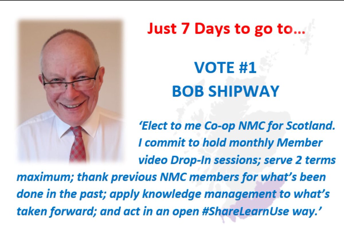 BobS_MPC's tweet photo. 7 days to vote! Standing for Co-op NMC Scotland constituency. NMC’s done stuff to date 😊 but lots still needs to change! 🤔 Vote #1 Bob Shipway & I’ll work with others to make change happen. I’ll represent you for 3 yrs. Vote hope, vote renewal, vote Shipway #ShareLearnUse PRT https://t.co/0YtpQmntcD