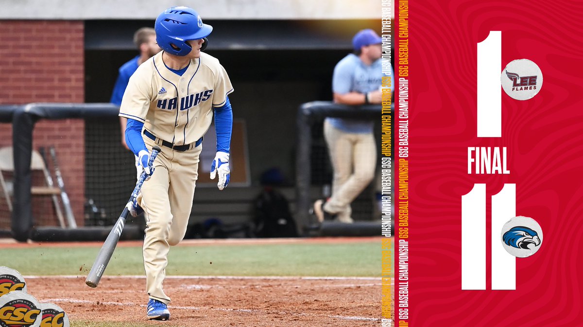 GulfSouth's tweet photo. #GSCbase | @ShorterHawks soars as it staves elimination! 

The Hawks will face @UAH_BSB tomorrow at 11 am CT, the winner will then play @LeeUBaseball for the GSC title. https://t.co/18wri0mKNU
