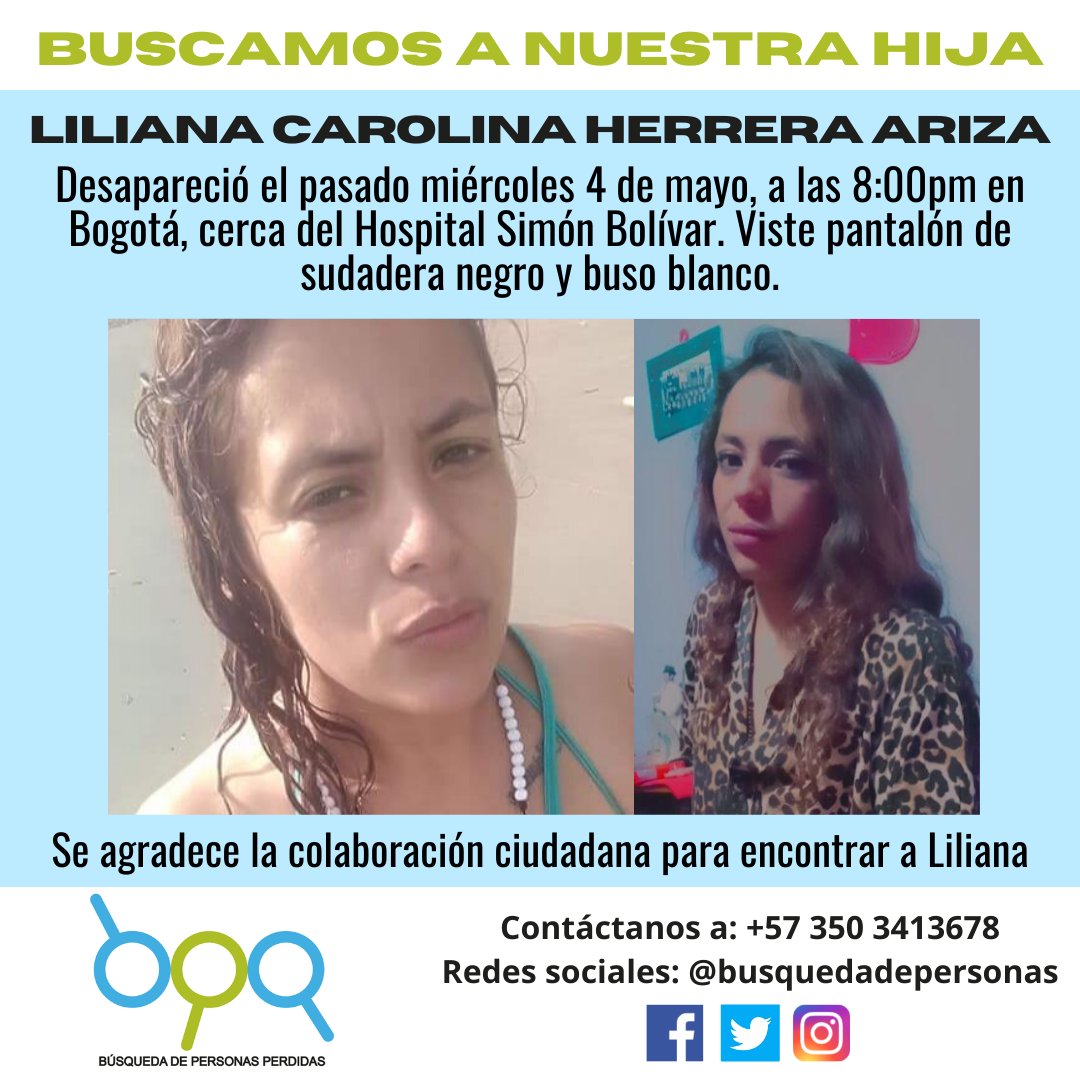 busquedapersona's tweet photo. Ayúdanos a encontrar a Liliana Herrera, quien desapareció el 4 de mayo de 2022 en Bogotá. 
32 años | Estatura 1.58 m | Tez blanca | Tatuajes en los hombros: Alejandra - Valeria | Cicatriz pequeña en la nariz
@FiscaliaCol @PoliciaColombia @Bogota https://t.co/UZvIQKove3