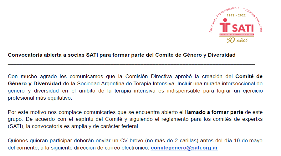 generosati's tweet photo. Hola a todxs. Les recordamos que aún sigue abierta la convocatoria a formar parte del recientemente creado "Comité de Género y Diversidad" de la Sociedad Argentina de Terapia Intensiva 

Acá los detalles de la convocatoria 👇 https://t.co/AwjiJcOOiO