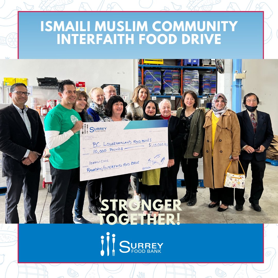SurreyFoodBank's tweet photo. Thank you for the generous donations from the Ismaili Muslim Community and multiple faith communities for coming together with a food drive. Food donations and funds were donated to Lower Mainland food banks. 
#SurreyFoodBank #InterfaithFoodDrive #IsmaliCivic #BetterTogether https://t.co/o0UMljPr1F