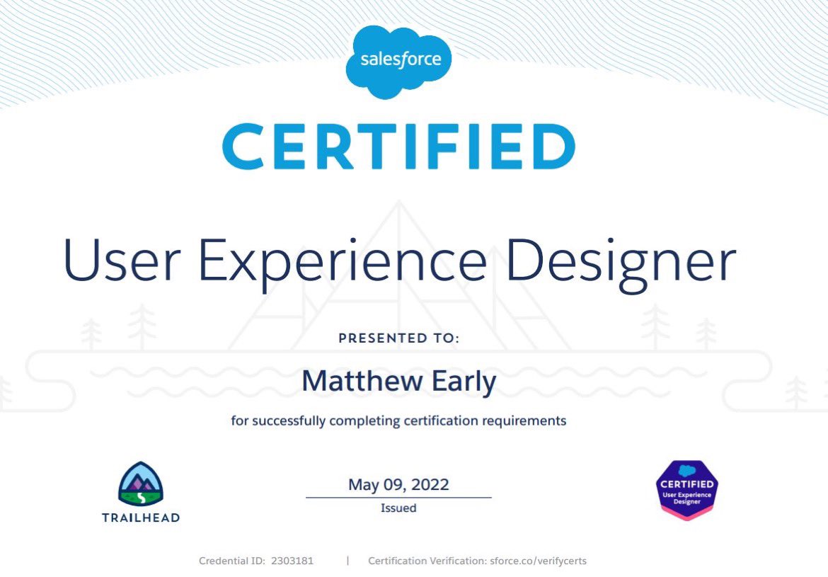 mattearly's tweet photo. UX Salesforce Certified! This was fun to prep for learning new skills and refreshing/applying some existing ones. Thanks @salesforce and @trailhead for focusing on the critical expertise of design. #strategydesigner up next. @partnerforce #uxdesign #salesforcecert https://t.co/vfDHP3Z6qu