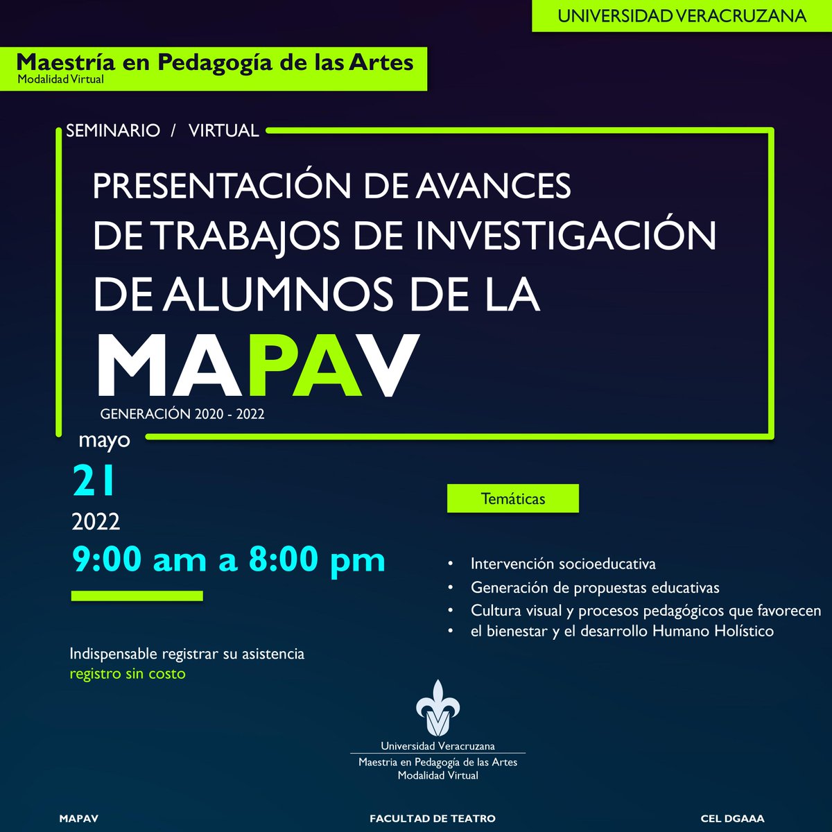 MapavUv's tweet image. Seminario virtual: PRESENTACIÓN DE AVANCES DE LOS TRABAJOS DE INVESTIGACIÓN DE ALUMNOS DE LA MAPAV.

Fecha: Sábado 21 de Mayo de 2022
Hora: 9:00 am a 8:00 pm

Realiza tu registro sin costo: forms.office.com/r/NFsJNzPGGq