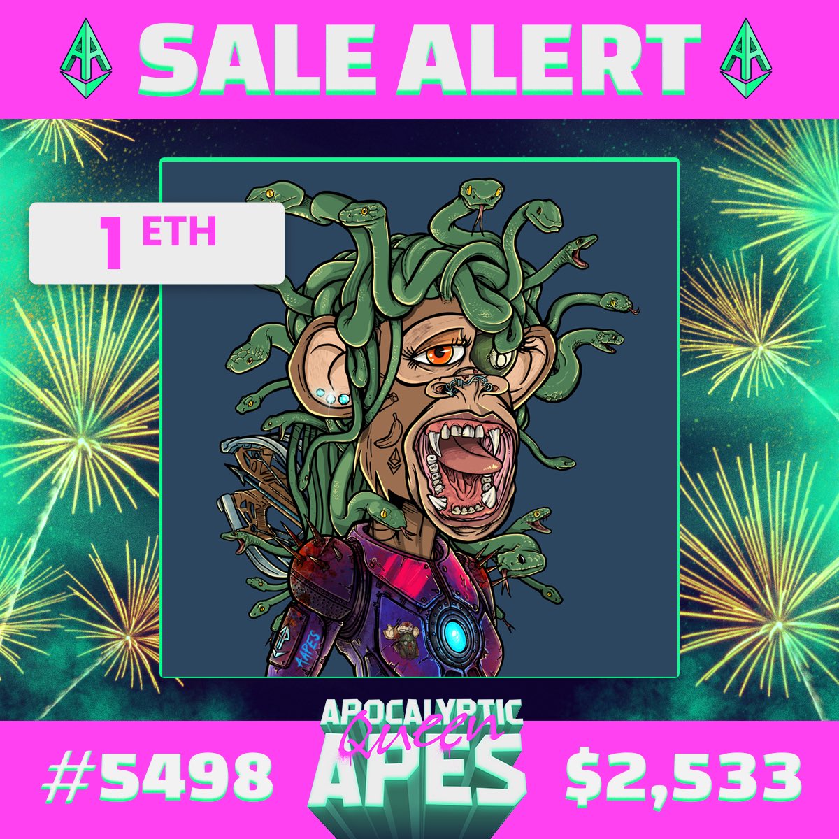 Another sale!!!! This power core Medusa has ssssliiiid her way to another home with a 1ETH sale!! Congrats to the new owner! 😍🤖 #eth #nft #NFTCommunity #opensea #Ethereum <a href="/apocalypticapes/">Apocalyptic Apes | 🦍</a> #NFTsales <a href="/apocalypticapes/">Apocalyptic Apes | 🦍</a>