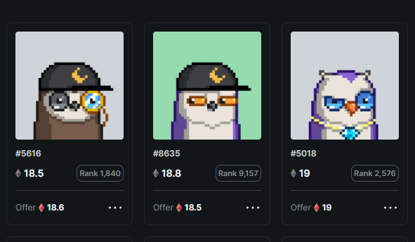 predictivemike's tweet photo. So, the Moonbirds floor:

OpeaSea: 22
LooksRare: 18.5

The reason for this difference... the owners on LooksRare don't realize their birds are still nested!  

(LooksRare allows listing while nested, OpenSea does not. You can't sell on either site while nested.) https://t.co/X3MFltFL9g