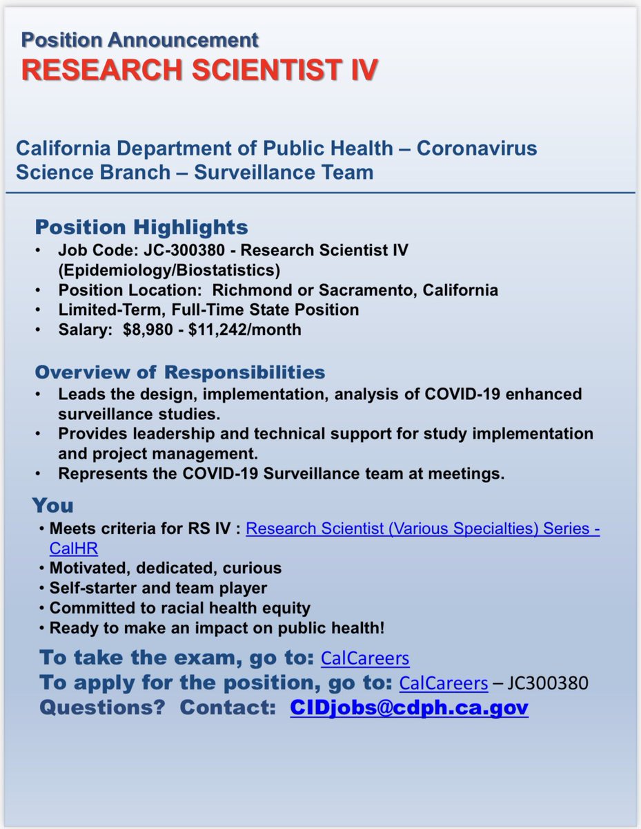 Megtron9's tweet photo. Job alert! CDPH is looking for a PhD-level epidemiologist for the COVID Science Branch Surveillance Team. This is a rare state position and I can personally confirm that you’ll be working with the BEST coworkers.  Please reach out if you have any questions

#epitwitter #govepi https://t.co/iS451WkfpP