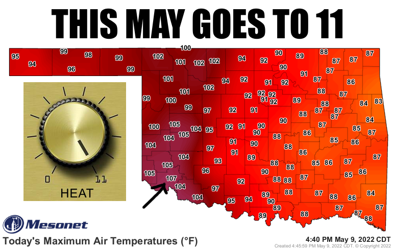 okmesonet's tweet photo. That 107 down in Altus, Ladies and Gentlemen, is THE highest temperature ever recorded on a May 9 in Oklahoma, going back to the 1880s. It tops Hollis' 106 from 2011. Yay? #okwx #okmesonet https://t.co/g3MWoWDJrB