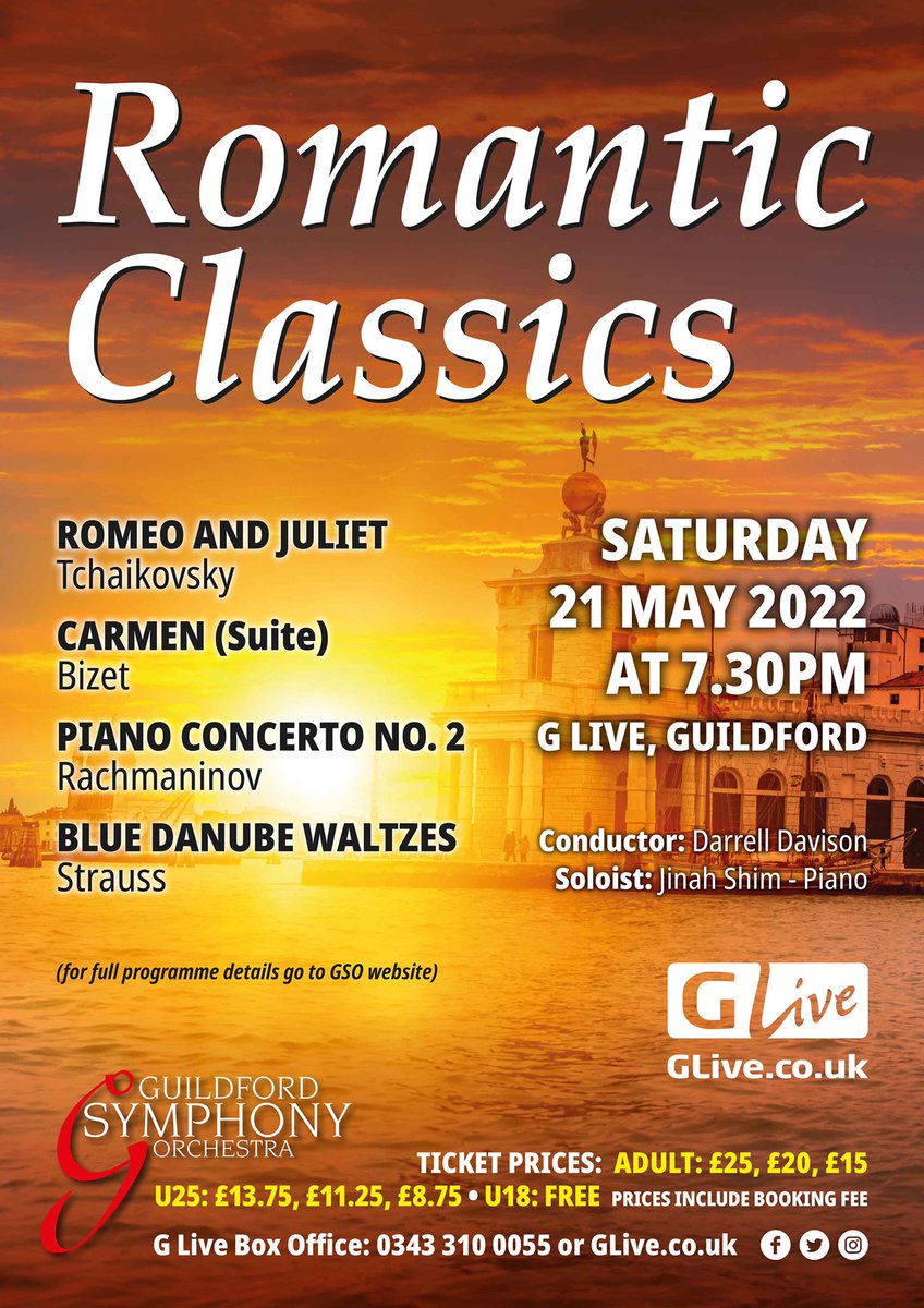 GuildfordSymph's tweet photo. Less than 2 weeks to go before our Romantic Classics concert @GLiveGuildford. Smoulderingly beautiful music including Rachmaninov’s 2nd piano concerto. There’s no better way to relax at the weekend. Tickets available here 👉 https://t.co/HRgzAaTzfC https://t.co/Xv8H0Ih9st
