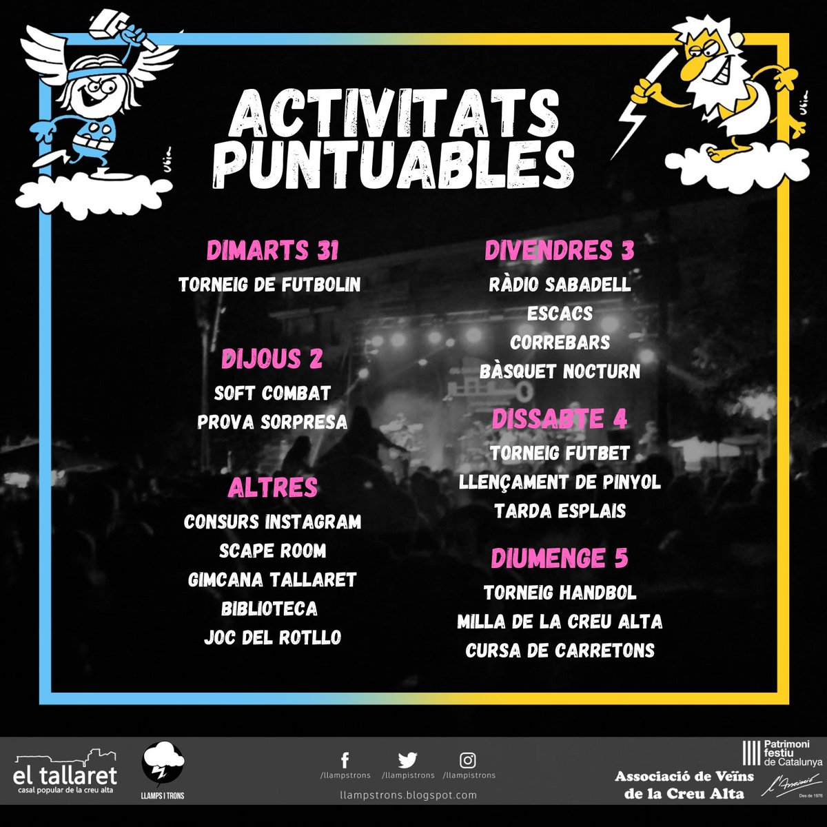 llampsitrons's tweet photo. 🎉ALEGRIAAAA ��S FESTA MAJOR🎉
Us presentem totes les activitats que seran puntuables aquesta festa major!
Qui guanyarà? Els trons?💙 O els llamps? 💛
#fmlca #laCreuAlta #LlampsiTrons2022 #jotro #jollamp https://t.co/na85EA3dwp