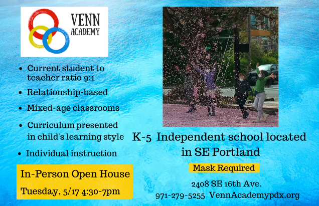 VennAcademyPDX's tweet photo. Open House Tuesday, 5/17 from 4:30-7pm
Teacher Sam and Mr. Ley will be on hand to answer your questions, and talk about how they run a relationship-based classroom. https://t.co/2SRGWASMXu