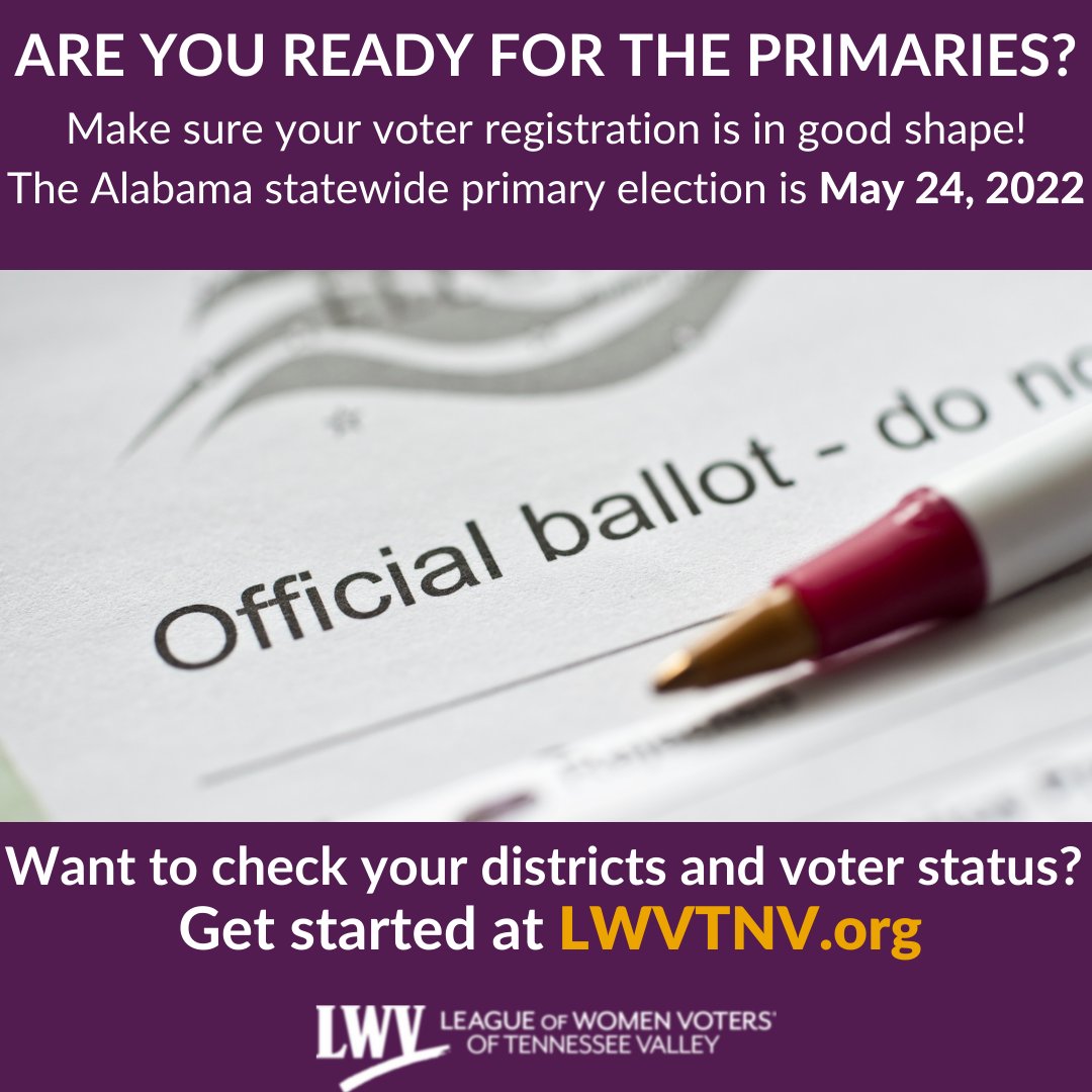 ✨Are you ready for the Primaries in 2 weeks?✨

Double check your voter status, districts, and polling place to ensure smooth sailing on Election Day! The Primaries are on MAY 24th - 2 weeks away!

Head to LWVTNV.org to get started!

#Vote #GOTV #LWV #LWVTNV #LWVAL