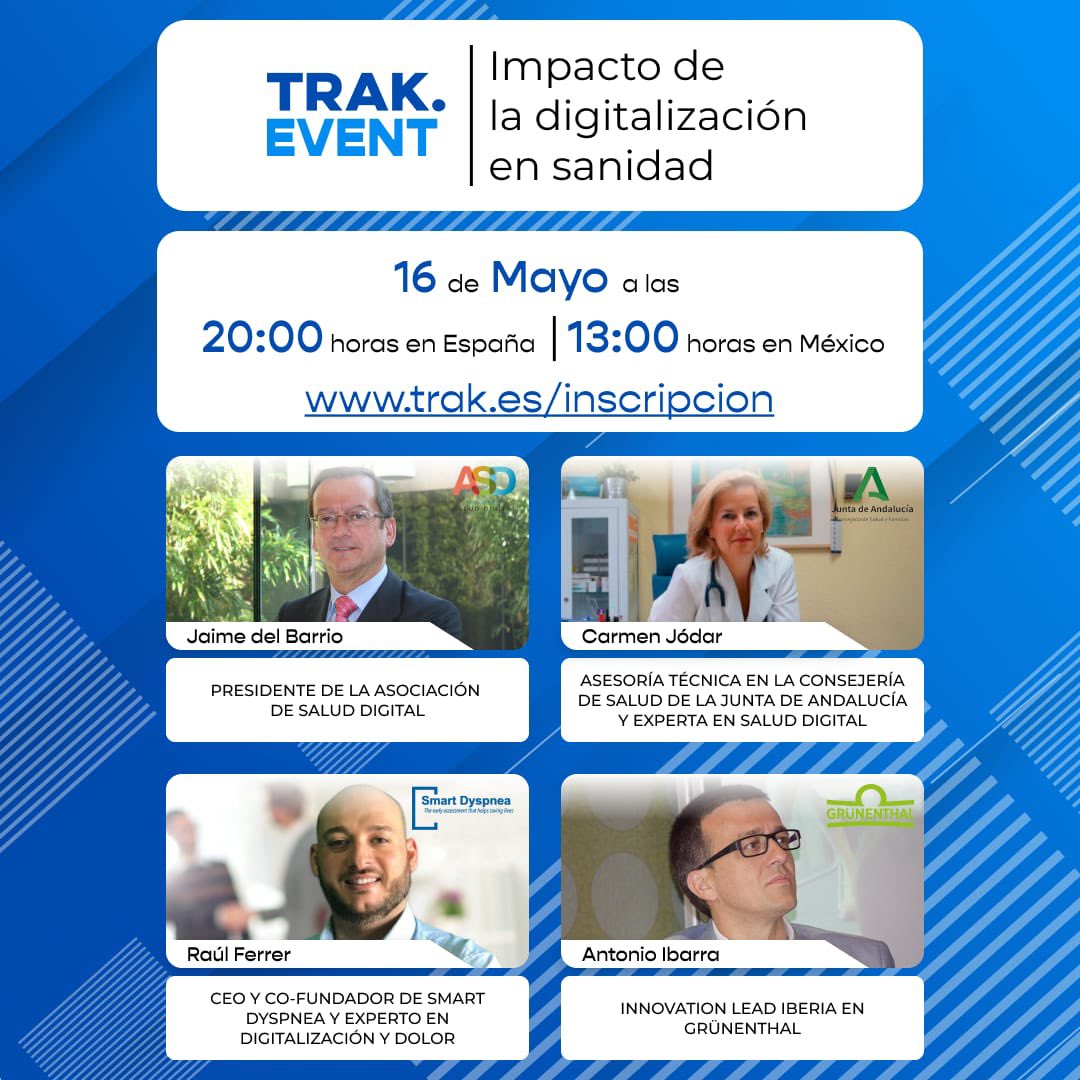 Smart Dyspnea (@smartdyspnea) on Twitter photo Y el próximo lunes 16 de mayo nuestro CEO <a href="/_RaulFerrer/">Raúl Ferrer</a> estará en un evento virtual organizado por <a href="/trakphysio/">TRAK</a> con <a href="/jaime_delbarrio/">Jaime del Barrio</a> <a href="/c_jodar/">Carmen JC #NNTTSemergen</a> y <a href="/Contraejemplo/">Antonio Ibarra</a> hablando sobre el impacto de la salud digital, puedes inscribirte en👉 trak.es/inscripcion Y el próximo lunes 16 de mayo nuestro CEO <a href="/_RaulFerrer/">Raúl Ferrer</a> estará en un evento virtual organizado por <a href="/trakphysio/">TRAK</a> con <a href="/jaime_delbarrio/">Jaime del Barrio</a> <a href="/c_jodar/">Carmen JC #NNTTSemergen</a> y <a href="/Contraejemplo/">Antonio Ibarra</a> hablando sobre el impacto de la salud digital, puedes inscribirte en👉 trak.es/inscripcion