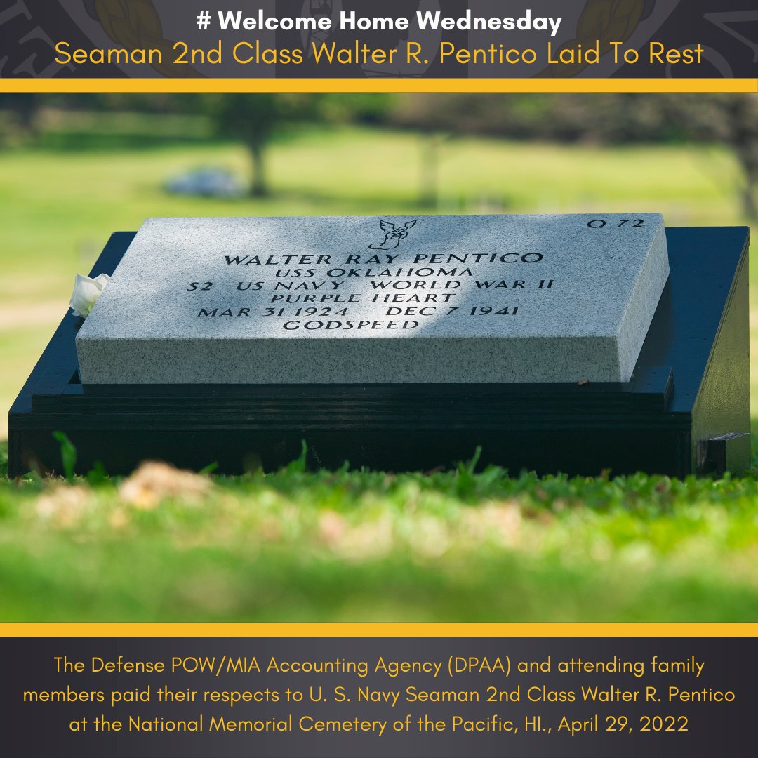 dodpaa's tweet photo. The family paid their respects to #USNavy SN2 Walter R. Pentico at the #NationalMemorialCemeteryofthePacific Apr 29. In 2015, we began #USSOklahomaProject to account for the ships missing from the #PearlHarbor attacks. He was I.D.'d as part of the Adv. #Forensic Technique Project https://t.co/2t4smOSQJ7