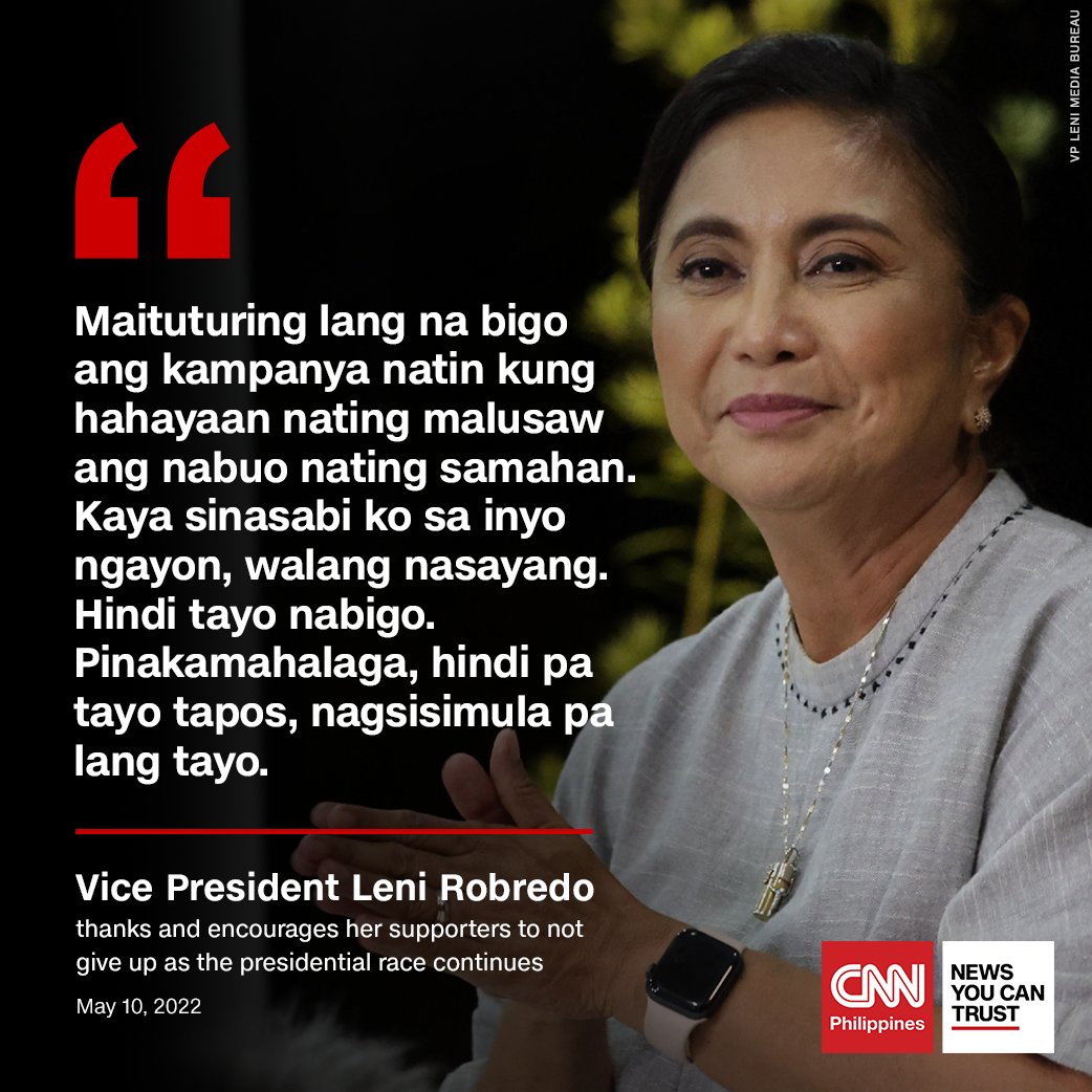 newswatchplusph's tweet photo. Vice President Leni Robredo thanks and encourages her supporters to not give up even if her rival Ferdinand "Bongbong" Marcos Jr. is leading the presidential race. #TheFilipinoVotes🇵🇭

Read the story: https://t.co/yK4hVzam1z https://t.co/kklN3FmlBR