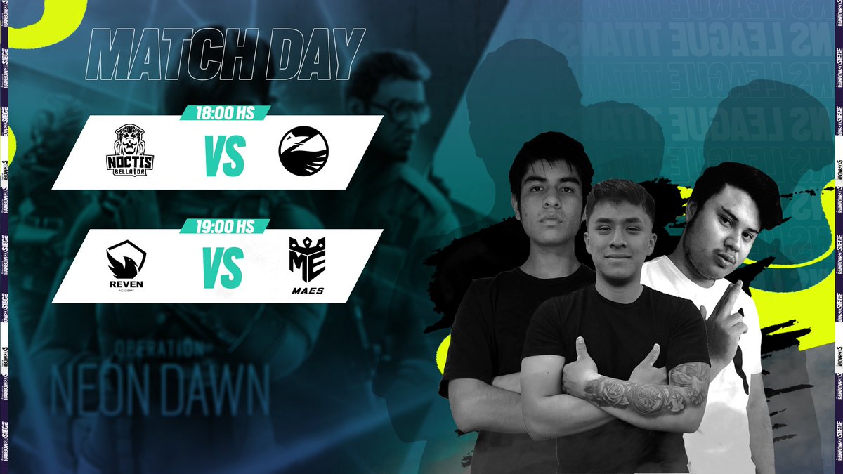 #MatchDay  / @R6esportsLATAM 

Tenemos 2 enfrentamientos el dia de hoy, muy interesantes en vivo por nuestro canal de twitch:

twitch.tv/titansleague

<a href="/Noctis_Bellator/">Noctis Bellator</a>  vs <a href="/zwan_gg/">🦢Zwan Gaming🦢</a> 
@RevenAcademy  vs <a href="/MaEs_esports/">MaEs Esports</a>