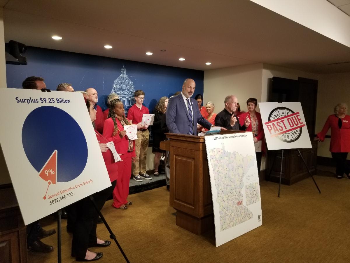 SPPS_News's tweet photo. Saint Paul Public Schools Superintendent Joe Gothard and SPFE President Leah Van Dassor joined other superintendents from across Minnesota today at a State Capitol news conference to encounter lawmakers to fully fund the Special Education Cross-Subsidy. https://t.co/ttjxtTsfP2