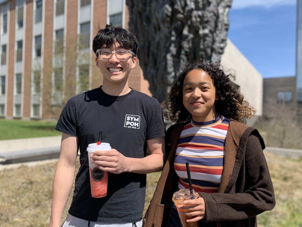 EPrinceton's tweet photo. Ken Nakamura, MAE '23, and Ange Ndayishimiye, CEE '22, enjoy some refreshments on a sunny day outside the EQuad and the @AndlingerCenter. #princetonengineering https://t.co/LuuUZdA8JP