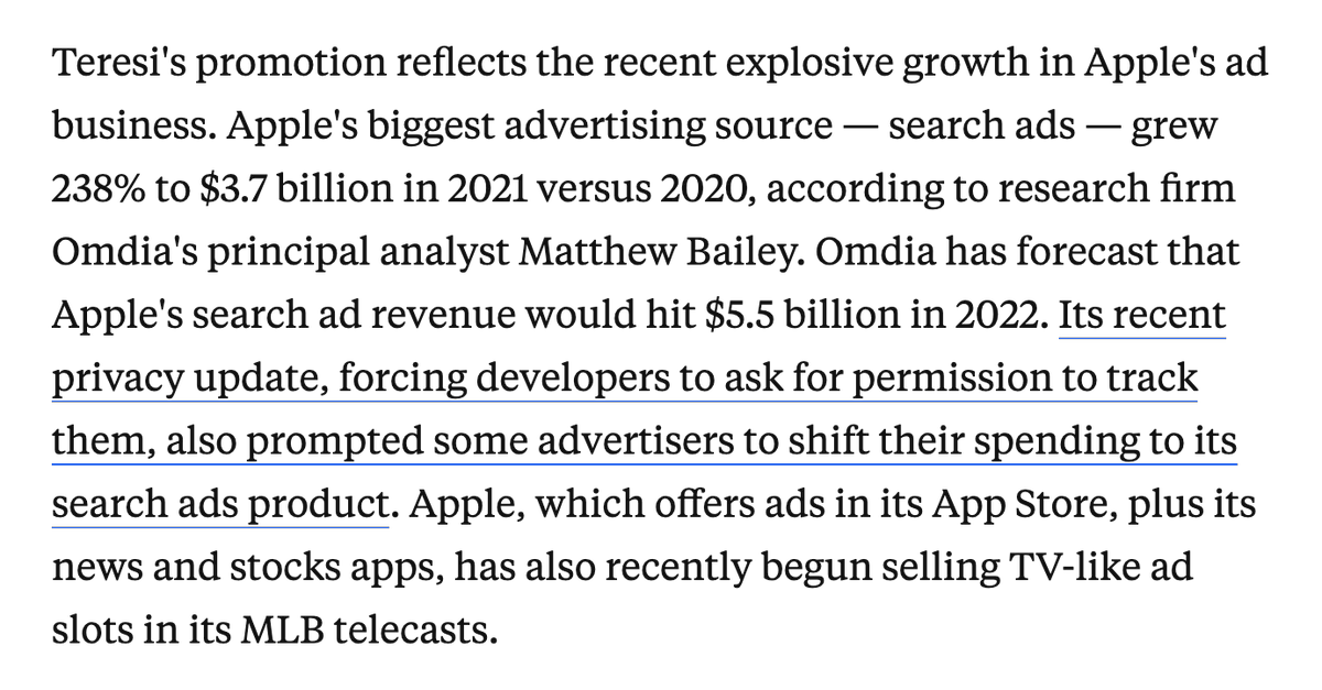eric_seufert's tweet photo. A recent report commissioned by Apple argues that Apple's ad network, Apple Search Ads, couldn't *possibly* absorb billions of dollars in ad spend fleeing other platforms as a result of ATT. Meanwhile, Apple's 2021 ad revenue is estimated to have grown by 238% from 2020 to $3.7BN https://t.co/KcucOZ9Cm1