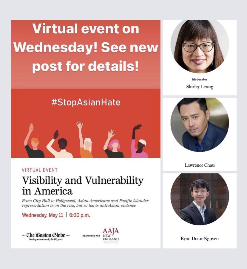 Lawrence Chau (@lawrencechauact) on Twitter photo Join us this Wed 6pm EST/ 3pm PST for this virtual event as we aim to #stopasianhate. RSVP at …bilityandvulnerability.splashthat.com
*
*
*
*
*
@bostonglobe <a href="/aajanewengland/">AAJA New England</a> @shirley02186 <a href="/wutrain/">Michelle Wu 吳弭</a> <a href="/tchu88/">tiffany chu</a> <a href="/ryandoannguyen/">Ryan Đoàn-Nguyễn</a> #aapiheritagemonth #asiaamericanhistory #aapi #visibilityandvulnerability Join us this Wed 6pm EST/ 3pm PST for this virtual event as we aim to #stopasianhate. RSVP at …bilityandvulnerability.splashthat.com
*
*
*
*
*
@bostonglobe <a href="/aajanewengland/">AAJA New England</a> @shirley02186 <a href="/wutrain/">Michelle Wu 吳弭</a> <a href="/tchu88/">tiffany chu</a> <a href="/ryandoannguyen/">Ryan Đoàn-Nguyễn</a> #aapiheritagemonth #asiaamericanhistory #aapi #visibilityandvulnerability