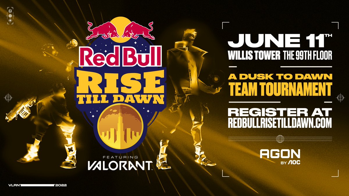 valesportsna's tweet photo. Red Bull Rise Till Dawn returns to the Willis Tower and will be featuring VALORANT. Be sure to get your team of 5 together and register for the dusk to dawn tournament on the 99th floor on June 11th.
Limited space is available so register now at https://t.co/Y02E1NbhGN! https://t.co/rkwQNN1mEE