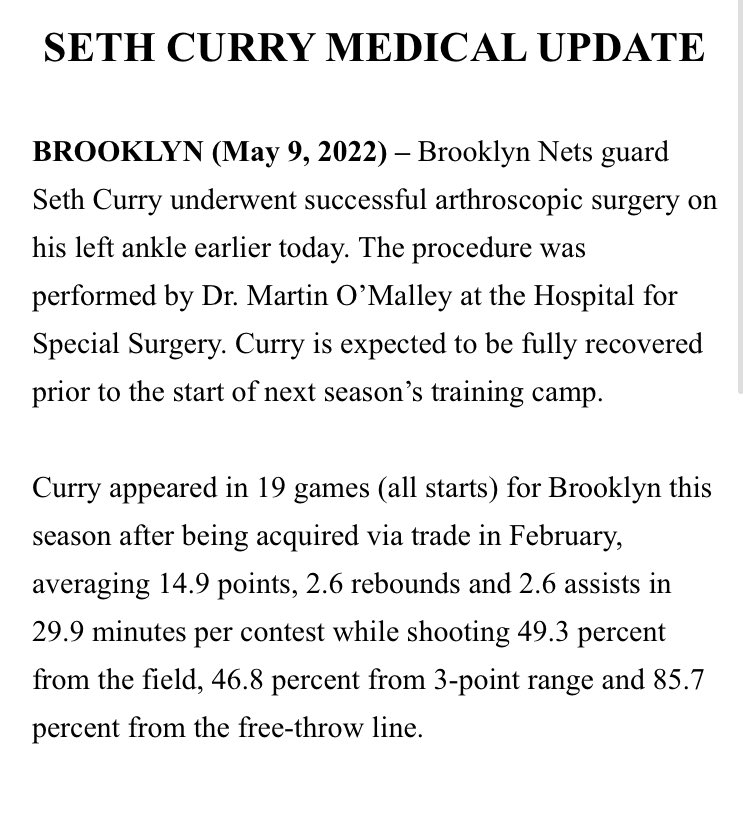 Seth Curry undergoes successful arthroscopic left ankle surgery