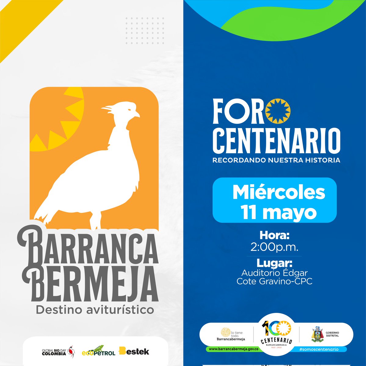 alcaldiabarranc's tweet photo. ¿Sabías que en nuestro territorio se pueden avistar más de 3️⃣0️⃣0️⃣ especies de aves?
Te queremos contar todo el potencial de nuestras ciénagas y humedales este próximo 11 de mayo en el #ForoCentenario “Barrancabermeja: destino aviturístico”. 

¡Sigamos celebrando el #Centenario! https://t.co/aeIpkfaJZb