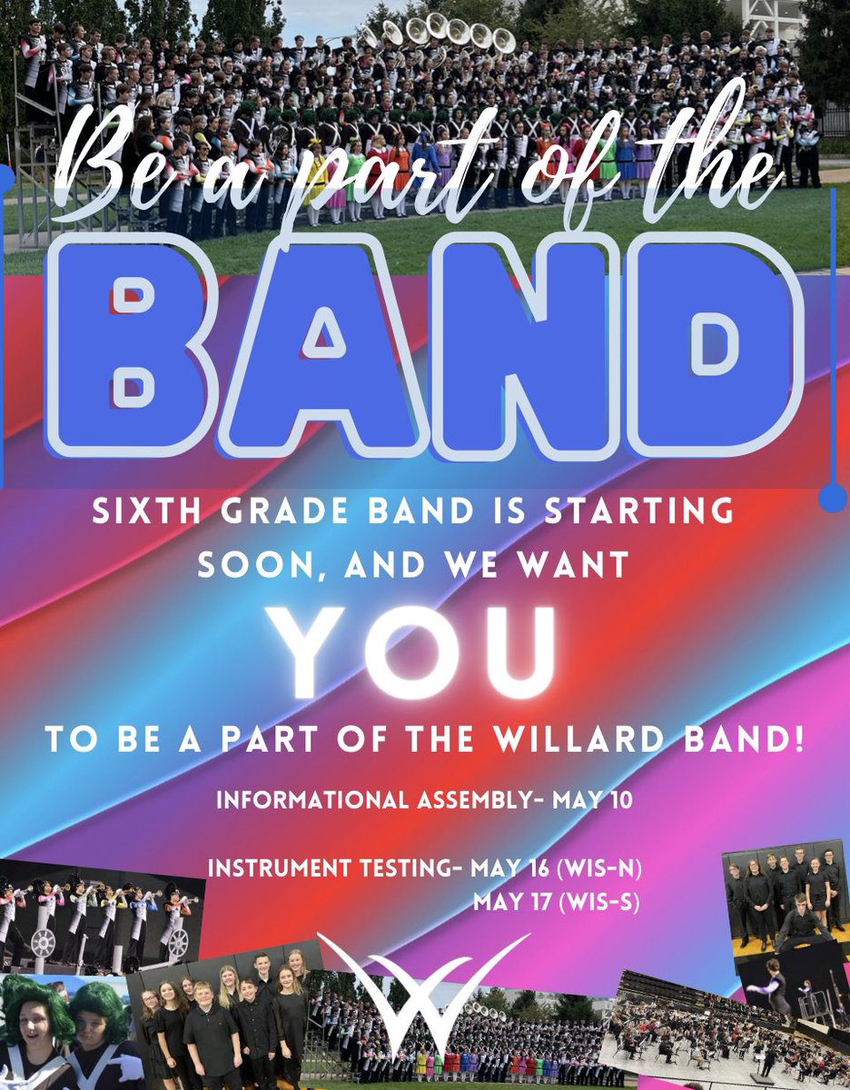 All 5th grade students will learn about band during an informational assembly next Tuesday, May 10 during the school day.

Then, on May 17 they will get to take a closer look at each instrument and even try them out to determine interest.