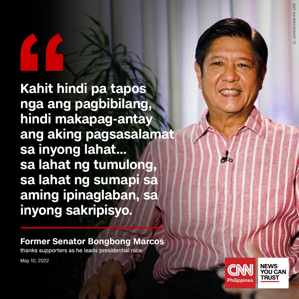 Former Senator Bongbong Marcos expresses his gratitude to all those who helped him during the campaign as he leads the presidential race. #TheFilipinoVotes🇵🇭 

Partial, unofficial tally: bit.ly/392F5to