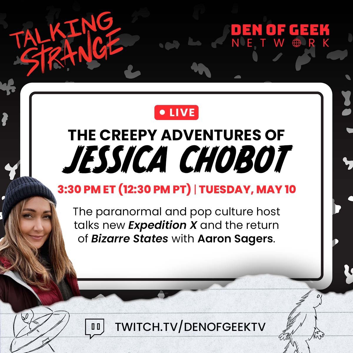 aaronsagers's tweet photo. Tomorrow! Join in as @JessicaChobot &amp; I nerd out and talk all manner of creepy topics, including new eps of #ExpeditionX and bringing #BizarreStates back to life. Bring your Qs, because it’s a new @TalkStrangePod livestream at 3:30pm ET over at https://t.co/q1RbrUO26H https://t.co/Kxxxz5JwCt