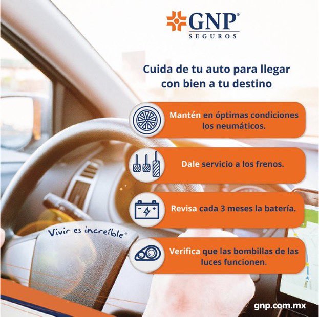 gnp_mx's tweet photo. Darle un buen mantenimiento a tu auto 🚙 es recomendable para que no te quedes a mitad de tu camino⚠️. Con tu #SegurodeAuto #GNP tienes servicios de asistencia vial, acércate a tu #AgenteGNP🧑🏻‍💼 #Viviresincreíble https://t.co/3KbJFm4kLd