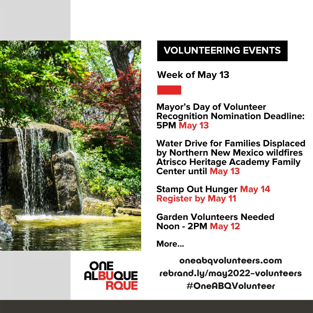 There are lots of dates and deadlines to make note of for this week. To see the full calendar and register, visit rebrand.ly/may2022-volunt…. #OneAlbuquerque #OneABQVolunteer