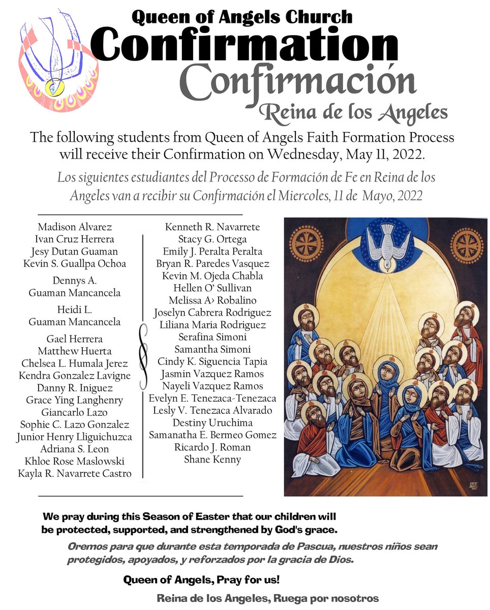 MariaReina4404's tweet photo. QUEEN OF ANGELS wishes all our Confirmandi our Blessing. Please keep them in your prayers!

#WeAreQueenOfAngels
#SomosReinaDeLosAngeles
#QofASunnysideNY
#oureasterjourneyqofa
#BrooklynCatholic https://t.co/QO2n9AxrnK