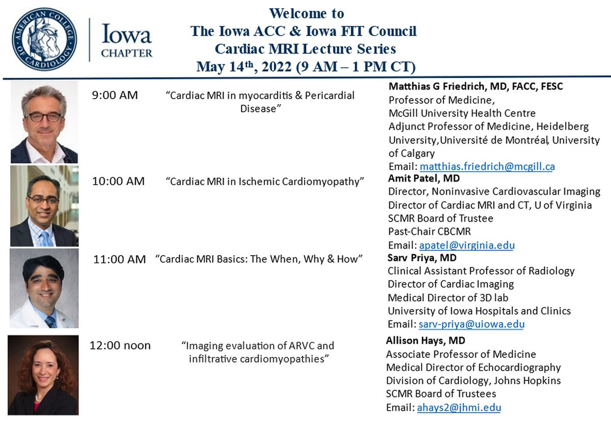 Happy Monday everyone! Be sure to tune in this coming Saturday for the 1st of our scheduled Imaging lecture series. This Saturday will be centered primarily around CMR and you can find the topics below. #ACCFIT #ACCEarlyCareer #IowaACCLectures <a href="/ACCinTouch/">American College of Cardiology</a> <a href="/SCMRorg/">Society for Cardiovascular Magnetic Resonance</a> <a href="/Heart_SCCT/">Heart_SCCT</a>