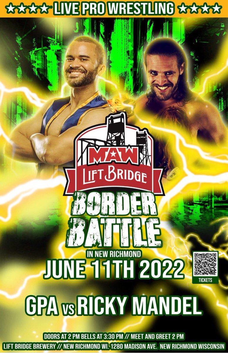 MW_AllStar's tweet photo. 🚨First Time Ever!🚨

@GPAthinks Vs @Ricky_Mandel 

MAW Presents: Border Battle! 
Featuring WWE/WCW @GenuineLexLuger 

Saturday!
June 11th
@LiftBridge New Richmond, WI 
Doors 2pm| Bell 3:30pm
All Ages!! 

🎟https://t.co/6heixlSebX🎟 https://t.co/a2pQeuWaJ2