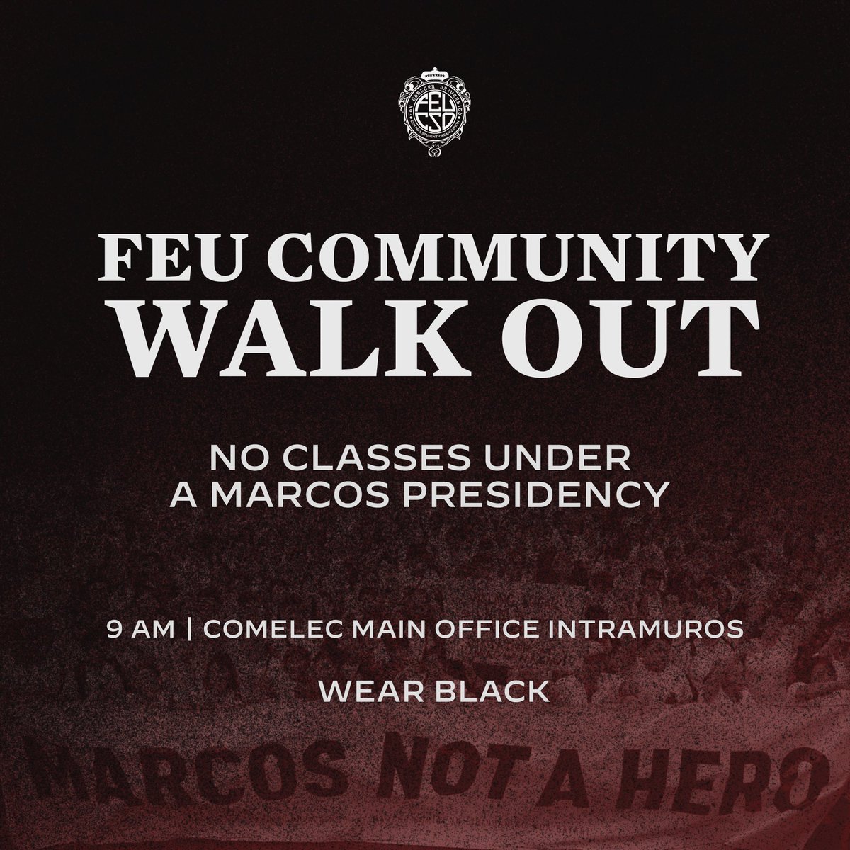 FEU_CSO's tweet photo. NO CLASSES UNDER A MARCOS PRESIDENCY!

Sa panahon na lantaran ang kabi-kabilang anomalya sa halalan, hindi natin hahayaan na maluklok ang isang anak ng diktador at siyang sinungaling at magnanakaw. https://t.co/0akLqAgFA3