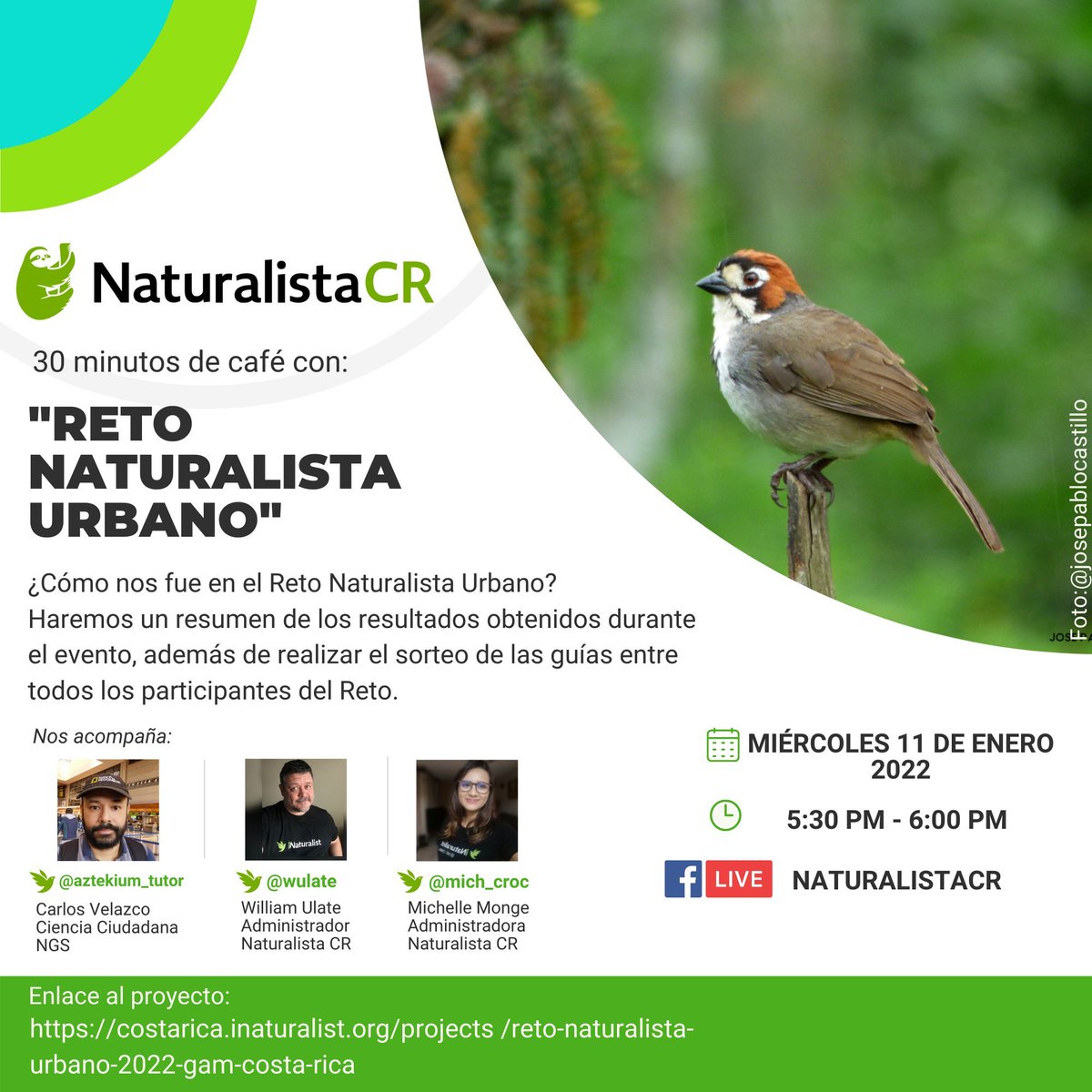 Este Miércoles 11 de mayo a las 17:30 repasaremos los resultados del Reto Naturalista Urbano en Costa Rica, nuestro invitado especial <a href="/aztekium/">Carlos Aztekium Velazco🇲🇽</a> compartirá su experiencia en Monterrey, MX. y sortearemos además las guías entre los participantes del Reto. #30MinutosDeCafé
