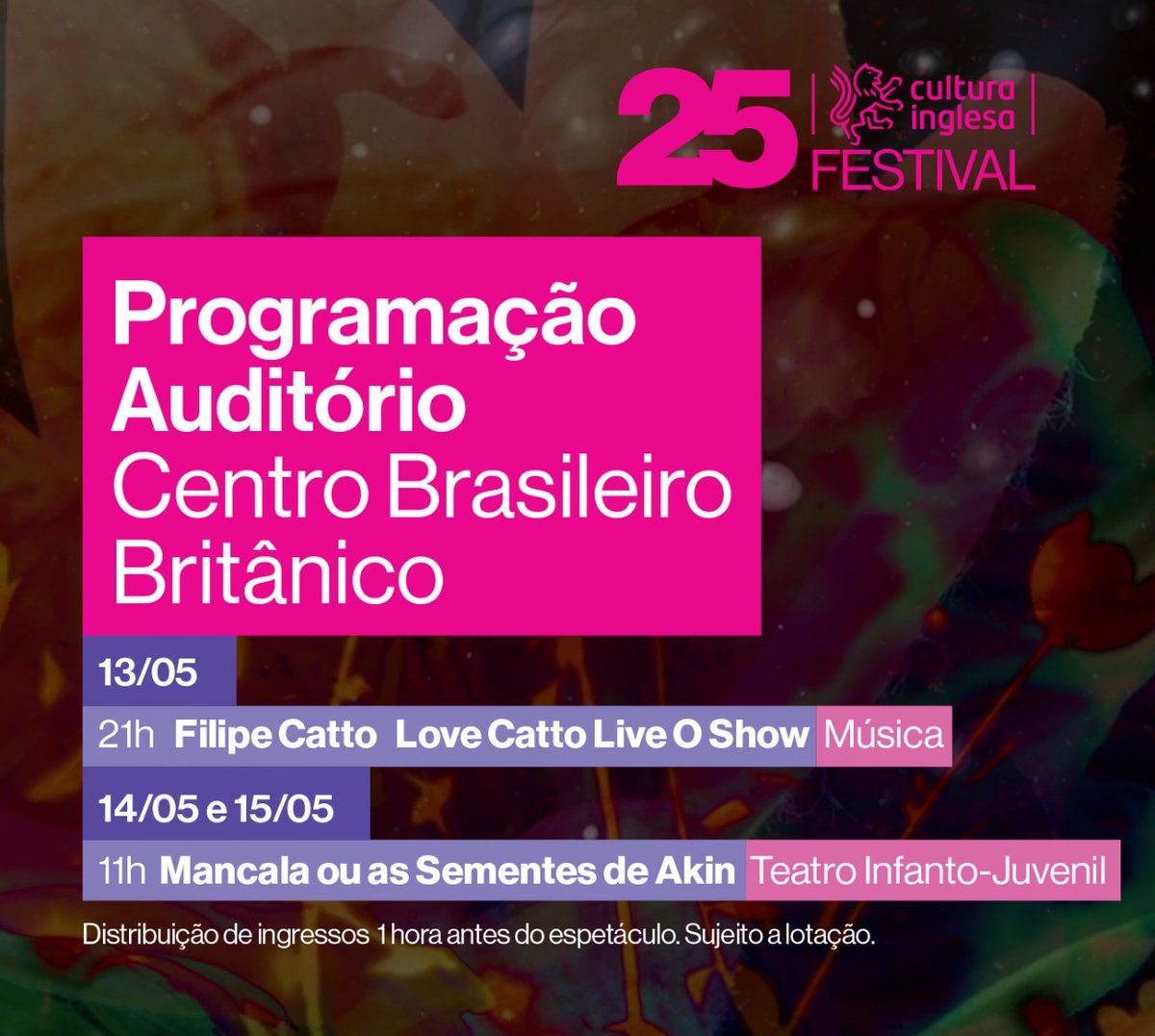 oficial_cif's tweet photo. Na próxima semana o CBB recebe três dias de programação do #25CIF. Confira!
13/5, às 21h - "Love Catto Live O Show - Deluxe Edition", show de @FilipeCatto
14 e 15/5, às 11h - “Mancala ou As sementes de Akin”, peça de Érika Rocha e Mariana Mayor https://t.co/6dDnRKMUTD