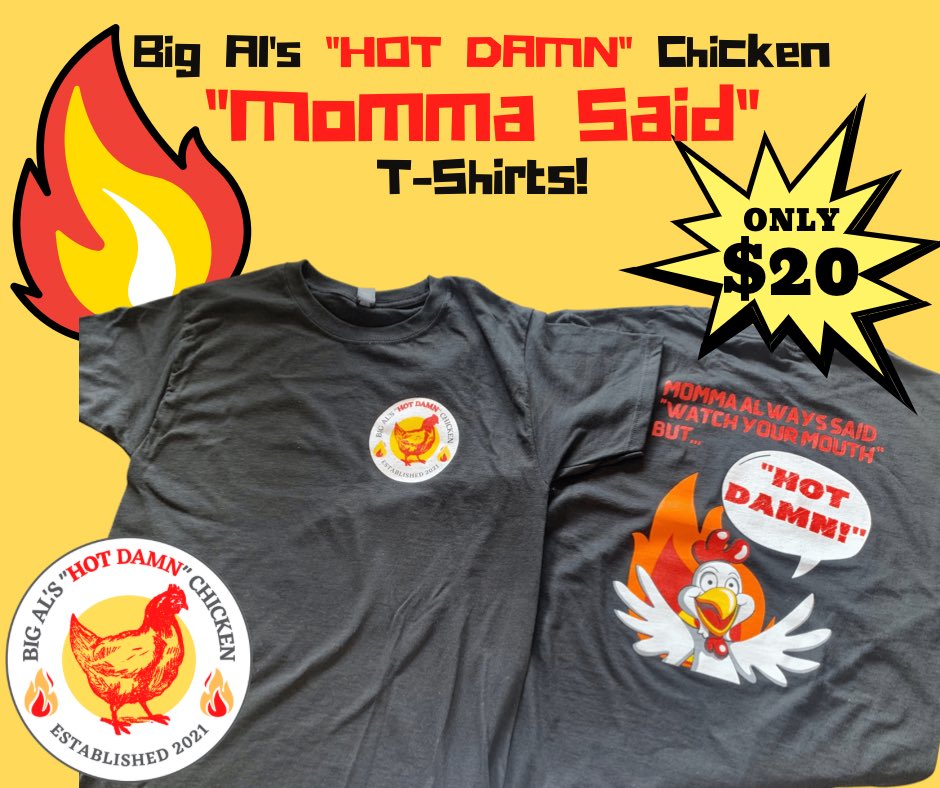 BigAlsHOTDAMN's tweet photo. Want a HOT DAMN t-shirt?! Ask your momma if it’s alright then message us to place your order! HOT DAMN good times sold separately!
#bigalshotdamnchicken #hotdamn #bowlinggreenky #bgky #bgkyfoodtrucks #kyfoodtrucks #bgtight #buylocalbg https://t.co/FdgawjfR28