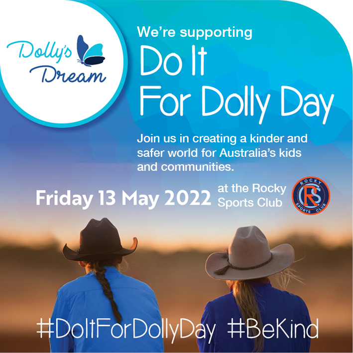 RockySportsClub's tweet photo. This Friday 13 May join us as we raise funds for Dolly's Dream 💙
💙 Donation Tins &amp; Raffles
💙 HiWay playing from 7.00pm

#DoItForDollyDay #BeKind https://t.co/MxQEFz0oil