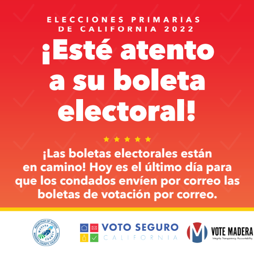 MaderaElections's tweet photo. Ballots are on the way! May 9 is the last day that counties have to begin mailing ballots. Keep an eye out for your ballot.#VoteSafeCA #VoteMadera https://t.co/ZnAgi2V2vu