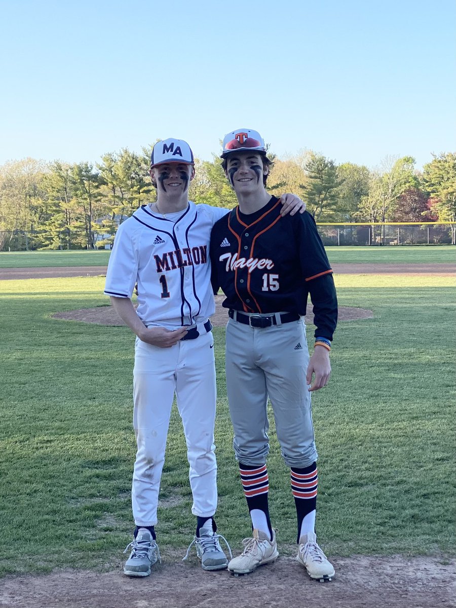 Former Duxbury teammates Will Gallagher and Ryan Mottau reunited Monday as Milton Academy and Thayer Academy faced off in an ISL baseball matchup. Milton went on to win 8-2.