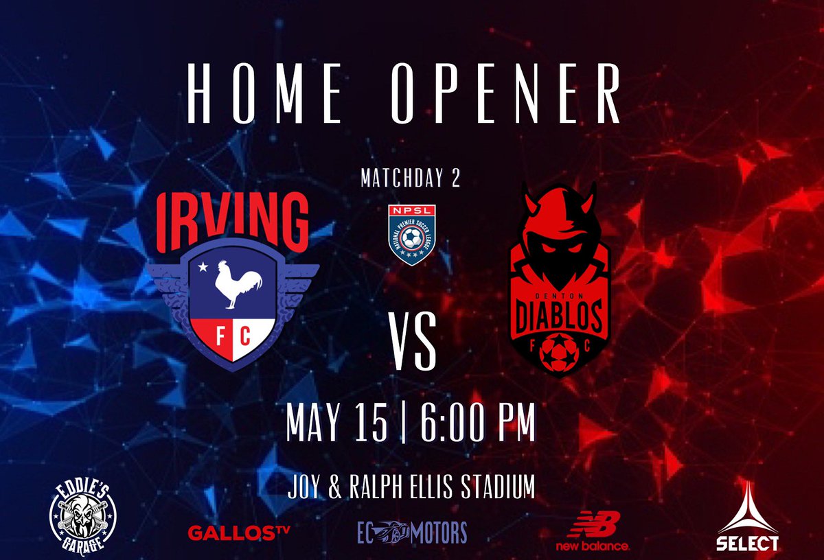 HOME OPENER THIS SUNDAY❗️

⏰  5/15/22  6:00 PM

🏟 Joy &amp; Ralph Ellis Stadium

📍 600 E Sixth St
Irving, TX  75060 

#VamosGallos⚽️🐓