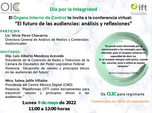 gricelda9mx's tweet photo. Hoy conmemoramos el Día de la Integridad en el @IFT_MX hablamos del Futuro de las Audiencias, acompañado del Dip @LuisMendozaBJ en calidad de Presidente de la Comisión de Radio y Tv de @Mx_Diputados y la Mtra. @salmajalife la cual nos compartió algunas reflexiones sobre las OTT https://t.co/D23lor8B0s