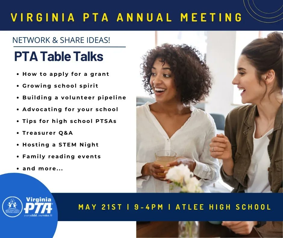 REMINDER! <a href="/VirginiaPTA/">Virginia PTA</a> Annual Meeting is May 21 at Atlee High School

• Register: app.memberhub.gives/vaptaannualmee…

Want to carpool? Email NorfolkPTA@gmail.com

If you’re a Local Unit Officer and need assistance paying/traveling to the meeting, email NorfolkPTA@gmail.com

#inthistogether