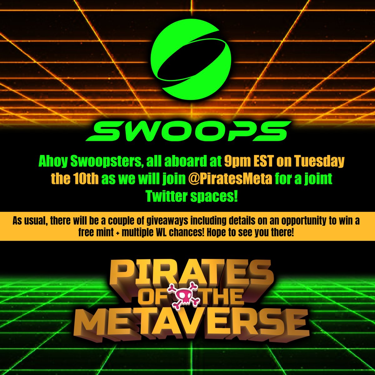 <a href="/PlaySwoops/">Swoops</a> + <a href="/PiratesMeta/">Pirates of the Metaverse 🔛 FLOW</a>!!! 

Officially coming to a dock near you at 9pm EST Tuesday night! Hope to see you there!