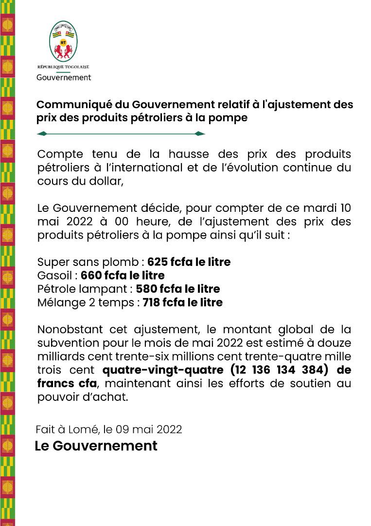 GouvTg's tweet photo. Tenant compte de l'évolution des cours du pétrole au niveau mondial, le Gouvernement Togolais procède à un ajustement des prix des produits pétroliers.

Plus de détails dans le communiqué et le visuel ci-dessous.
#GouvTg 

👇🏽👇🏽👇🏽 https://t.co/W7BWmA1BUJ