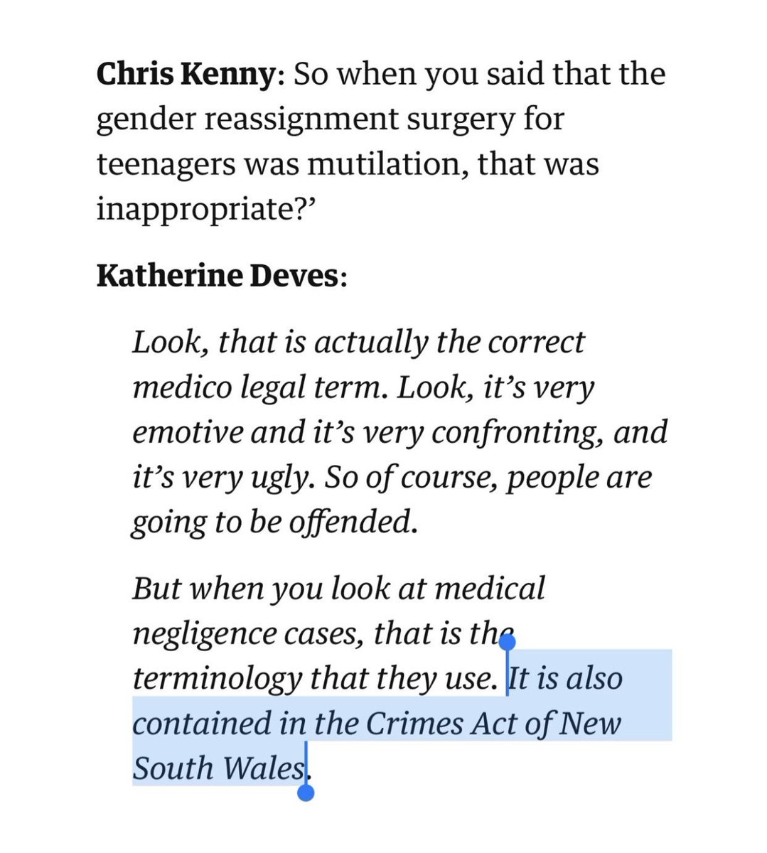 marquelawyers's tweet photo. This is absolutely false: the Crimes Act includes an offence of "female genital mutilation" which has nothing to do with gender reassignment surgery. The employment of this false, inflammatory and hurtful language is an act of pure bigotry. https://t.co/dfqihWQwNy