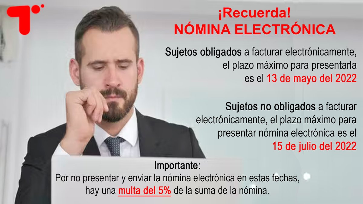 tecnoinfocol's tweet photo. ¡OJO! Las fechas para que todos empiecen a transmitir nómina electrónica, sean o no sujetos de facturación eléctrica se acerca.#EviteSanciones https://t.co/6ogbLsNeSb